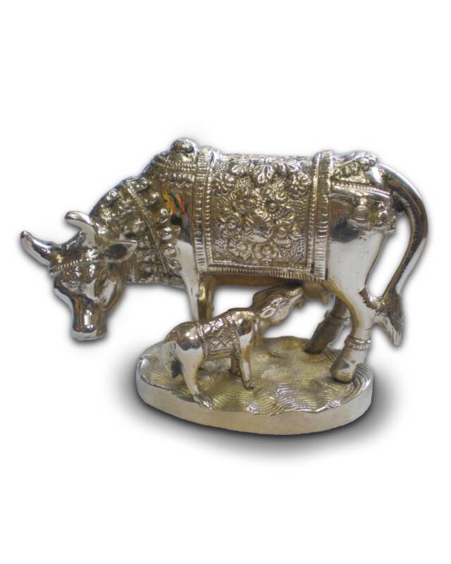 Krishna\'s Cow with Calf -- Solid Brass, Large 4\" x 5.5\"