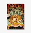 Srila Prabhupada in Balboa Park, San Diego Playing Kartals on Yellow Vyasasana in front of Big Panca-Tattva Painting