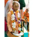 Prabhupada at Airport Holding Plate Covered with Silver Foil and Red Rose