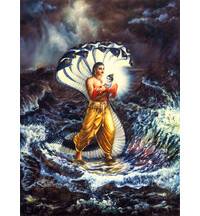 Krishna as a baby Carried over the Yamuna River by Vasudeva