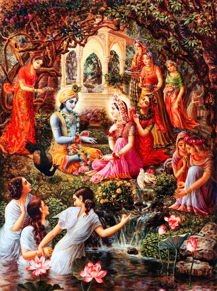 Radha and Krishna with Gopis in Vrindavan