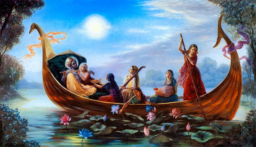 Radha and Krishna and Gopis on Boat
