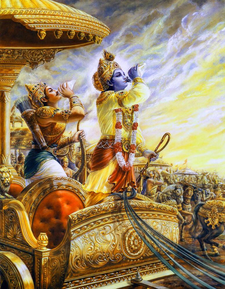 Krishna and Arjuna Blow Their Conch Shells