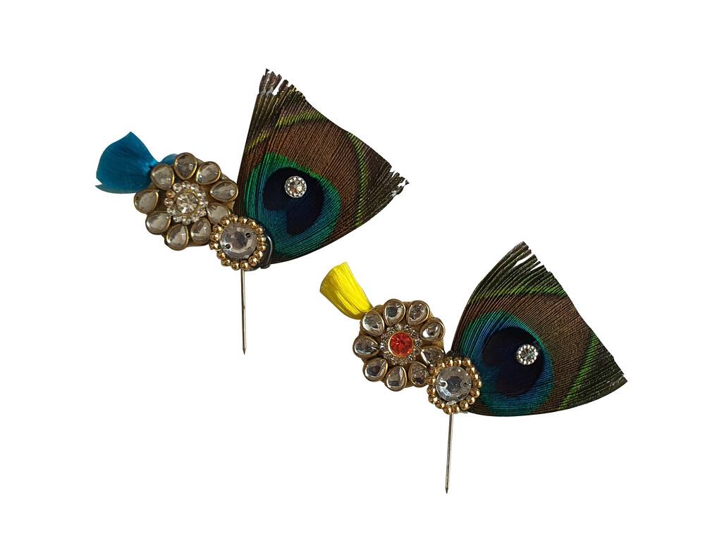 Deity Crown Decorative Pins with Peacock Feather, Small Flowers