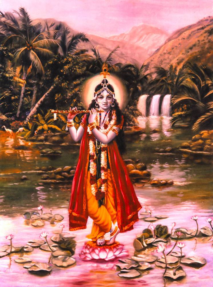 Krishna Standing on a Lotus Flower Playing His Flute