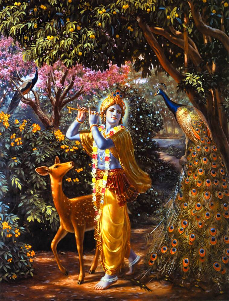 Krishna With Deer and Peacock in Vrindavan