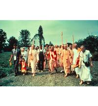 Srila Prabhupada Accompanied by Disciples on a Morning Walk at an ISKCON Farm in USA