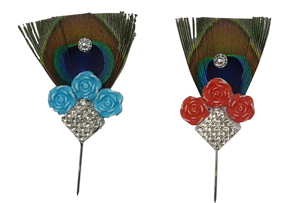 Deity Crown Decorative Pins with Peacock Feather, Small Flowers