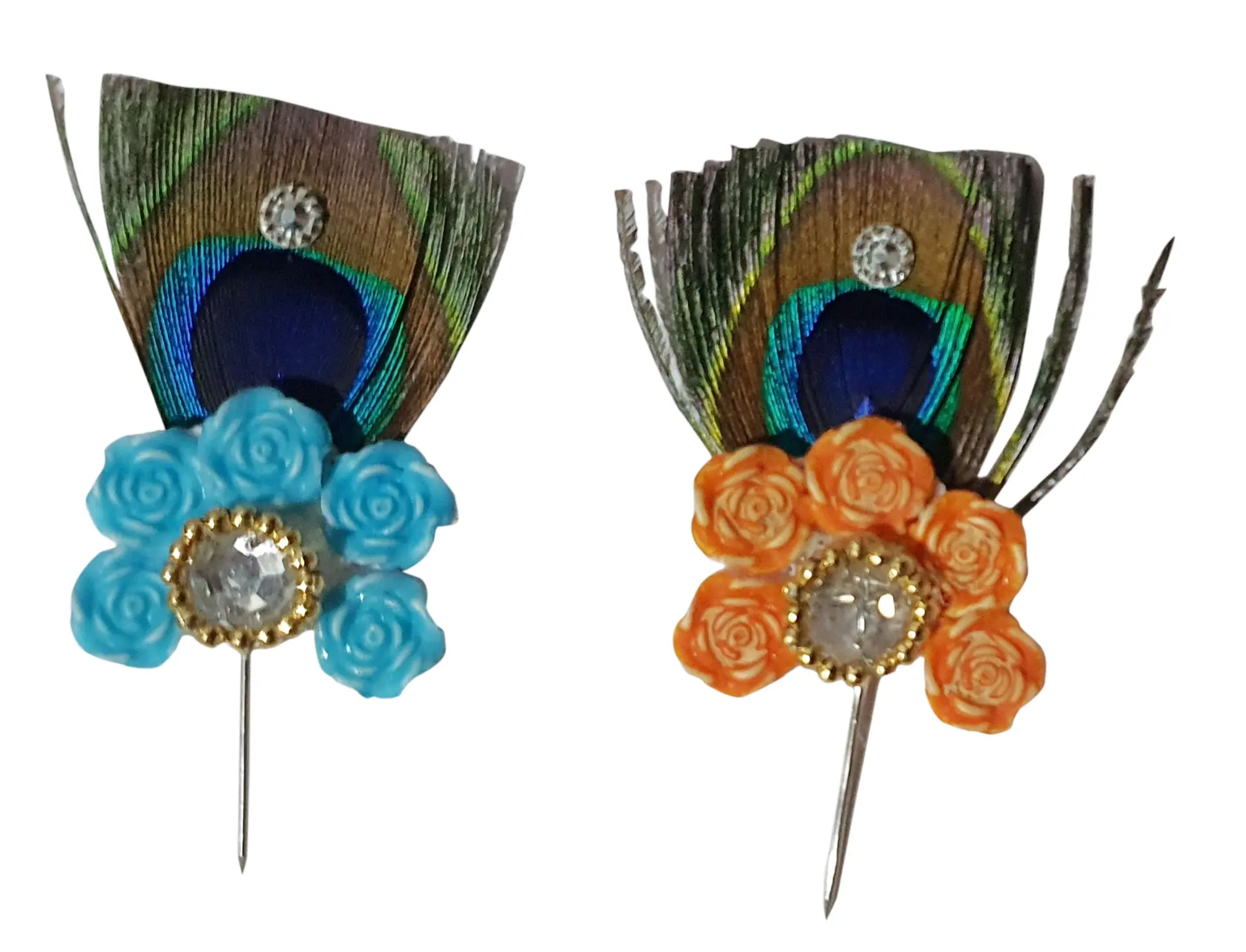 Deity Crown Decorative Pins with Peacock Feather, Golden Pearls & Multiple Diamonds