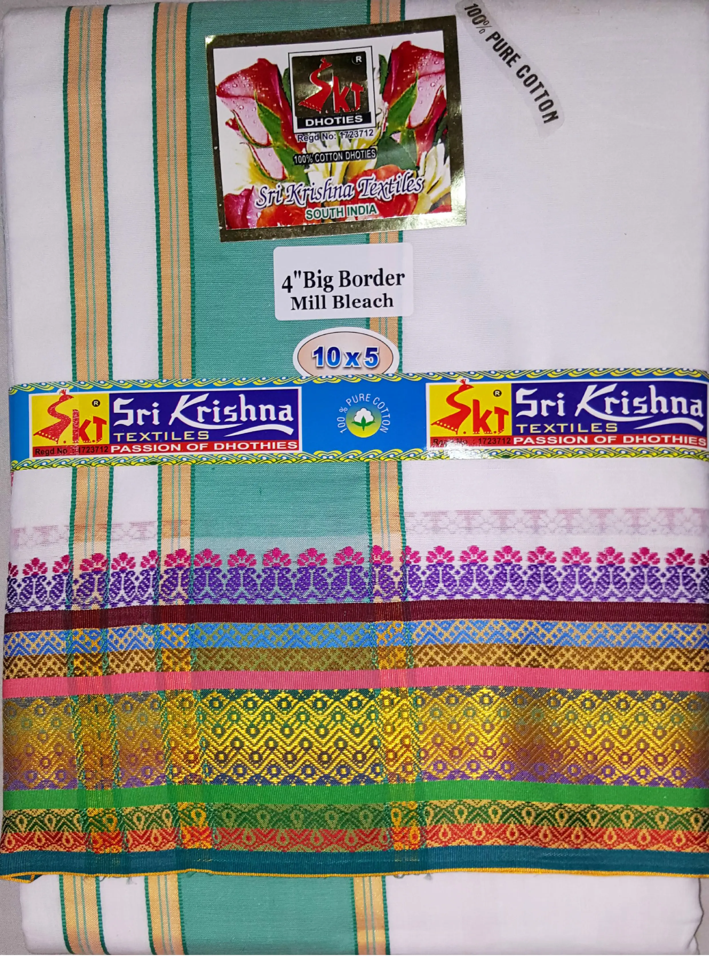 Dhoti / Chadar -- Colored Cotton, Ganga-Yamuna Embroidered Borders