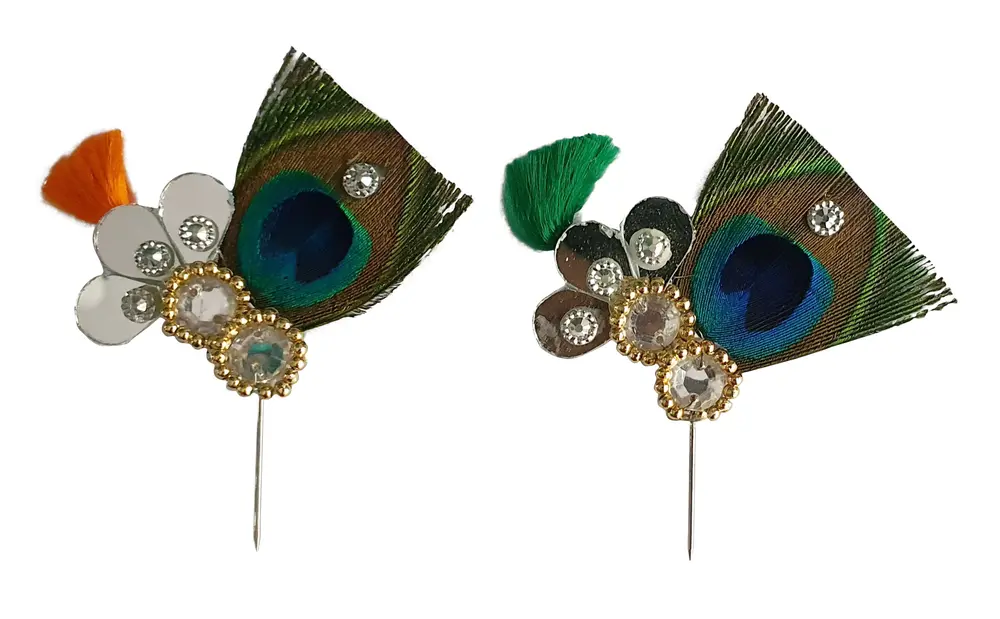 Deity Crown Decorative Pins with Peacock Feather, Big Diamonds, Flower and Buds