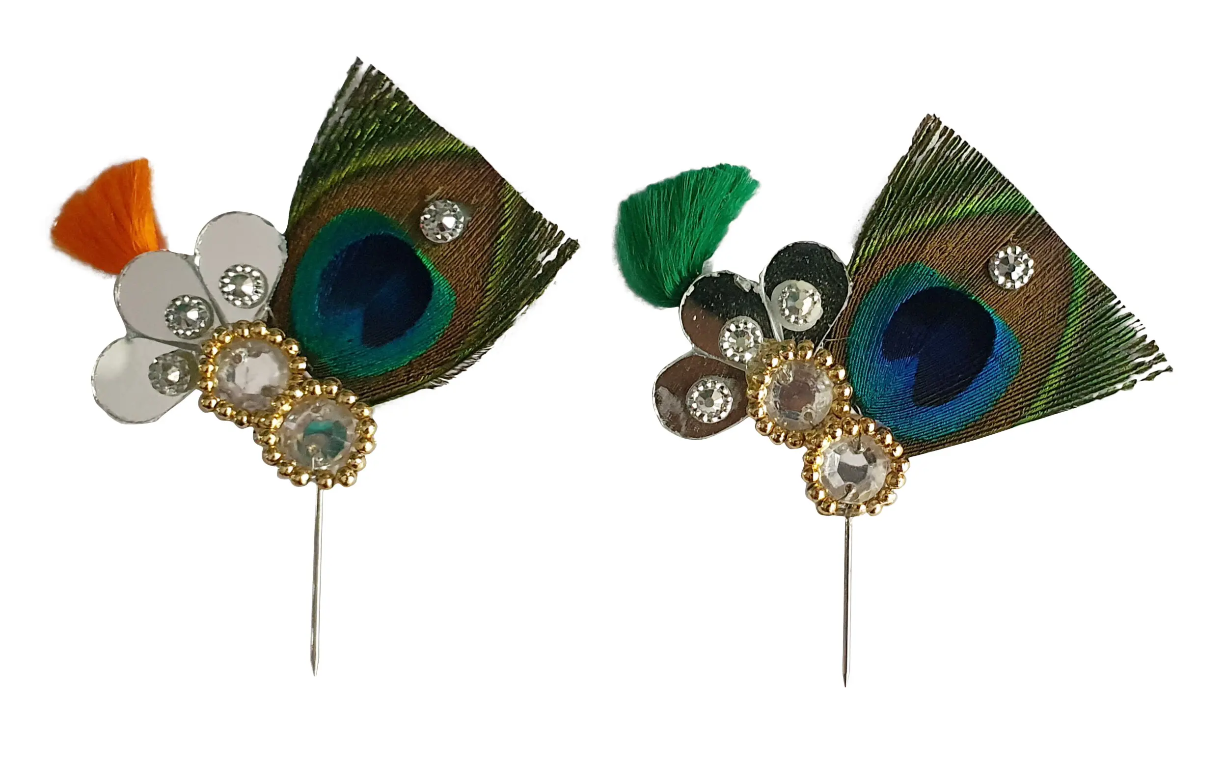 Deity Crown Decorative Pins with Peacock Feather, Golden Pearls & Multiple Diamonds