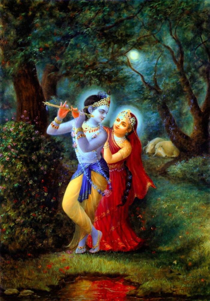 Radha and Krishna Painting - In the Vrindavan Forest at Night