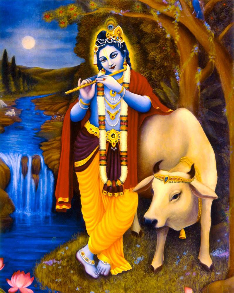 Krishna with Cow Painting - Art Print on Canvas or Paper