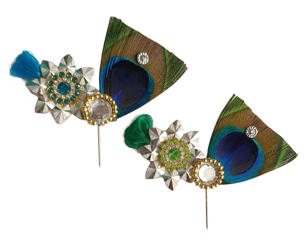 Deity Crown Decorative Pins with Peacock Feather, Big Silver Flower & Diamond