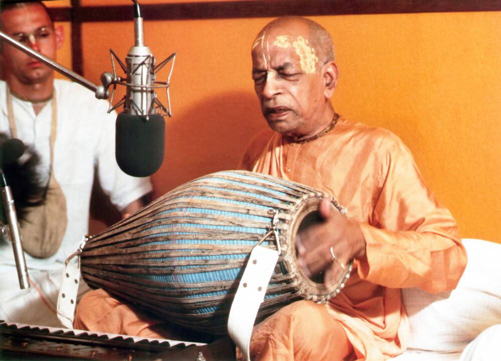 Srila Prabhupada at New Dvaraka, Playing Mrdanga at Studio