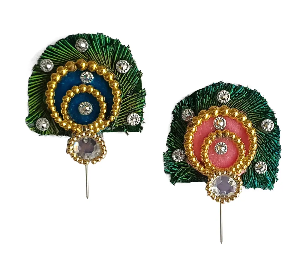 Deity Crown Decorative Pins with Peacock Feather, Big Diamonds, Flower and Buds