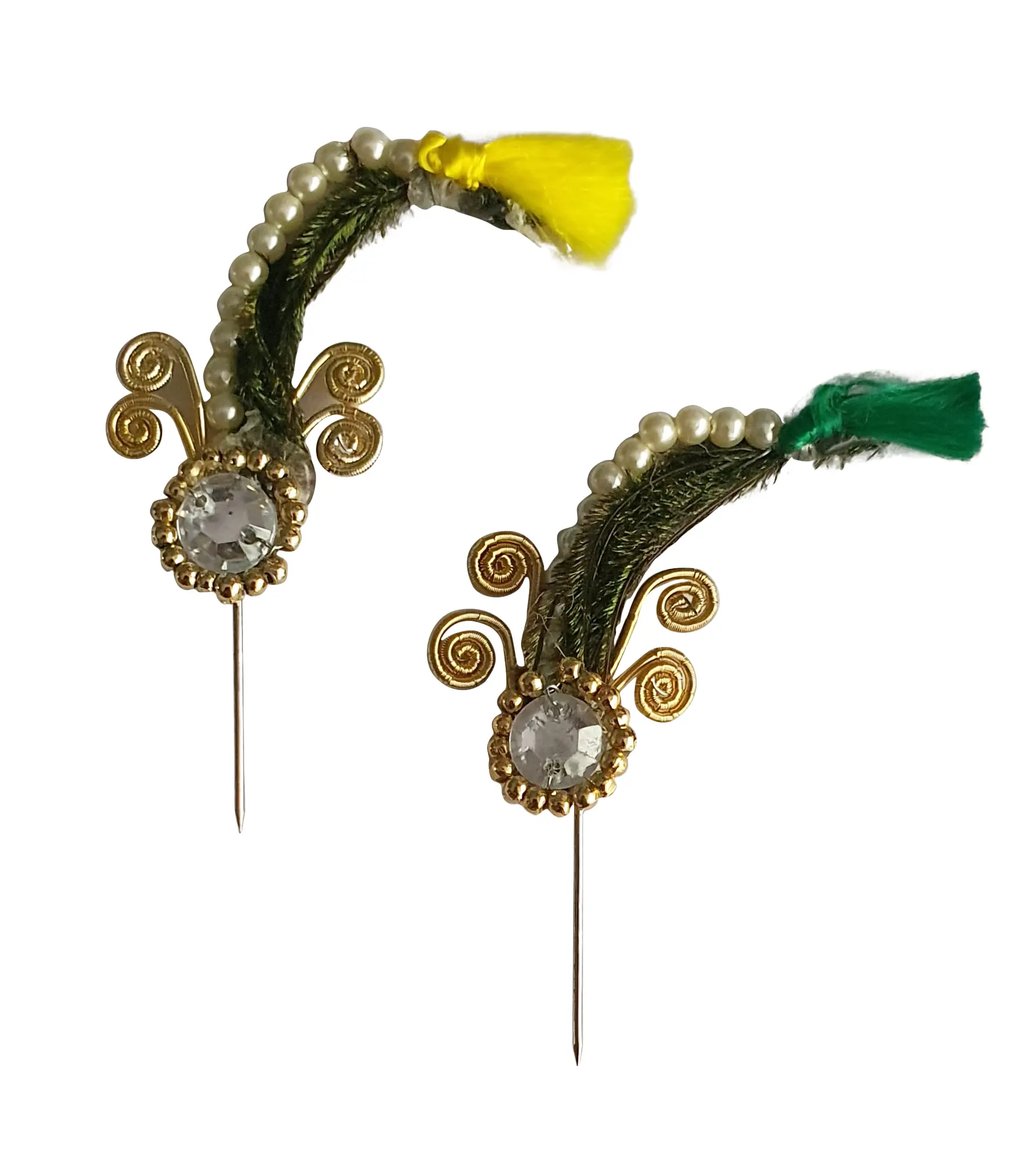 Deity Crown Decorative Pins with Peacock Feather, Golden Pearls & Multiple Diamonds