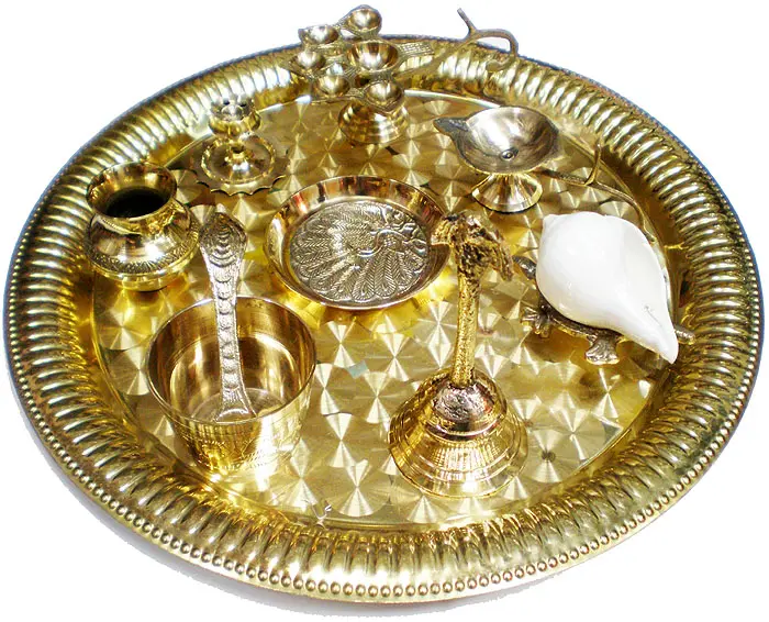 Small Aroti Set (8-9\" tray with Bell, Incense Holder, Flower Tray, Conch, Ghee Lamp)