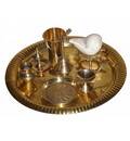 Small Aroti Set (8-9\" tray with Bell, Incense Holder, Flower Tray, Conch, Ghee Lamp)