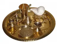 Small Aroti Set (8-9" tray with Bell, Incense Holder, Flower Tray, Conch, Ghee Lamp)