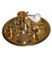 Small Aroti Set (8-9" tray with Bell, Incense Holder, Flower Tray, Conch, Ghee Lamp)