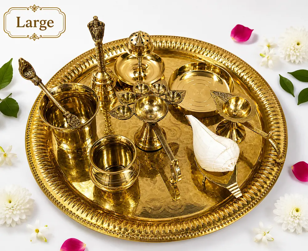 Small Aroti Set (8-9\" tray with Bell, Incense Holder, Flower Tray, Conch, Ghee Lamp)