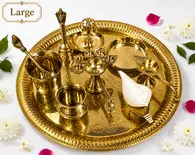 Large Aroti Set (13" tray with Bell, Incense Holder, Flower Tray, Conch, Ghee Lamps) Large Aroti Set (13" tray with Bell, Incense Holder, Flower Tray, Conch, Ghee Lamps)