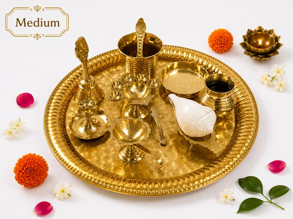 Small Aroti Set (8-9\" tray with Bell, Incense Holder, Flower Tray, Conch, Ghee Lamp)