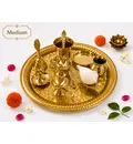 Medium Aroti Set (11.5\" tray w/ Bell, Incense Holder, Flower Tray, Conch, Ghee Lamp)