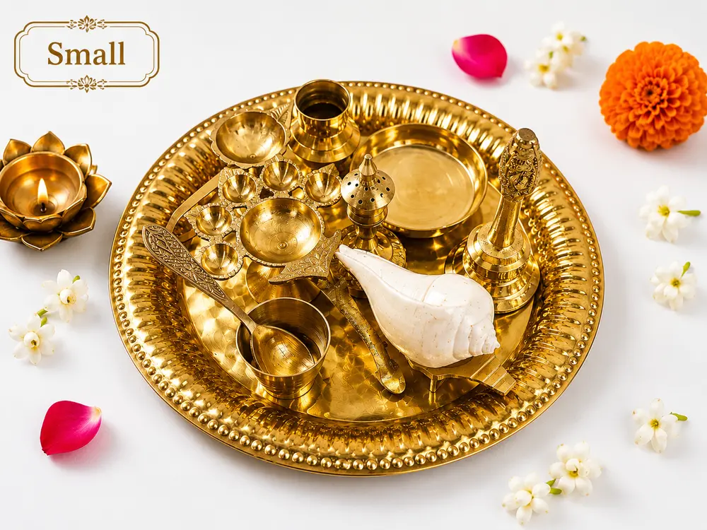 Small Aroti Set (8-9\" tray with Bell, Incense Holder, Flower Tray, Conch, Ghee Lamp)