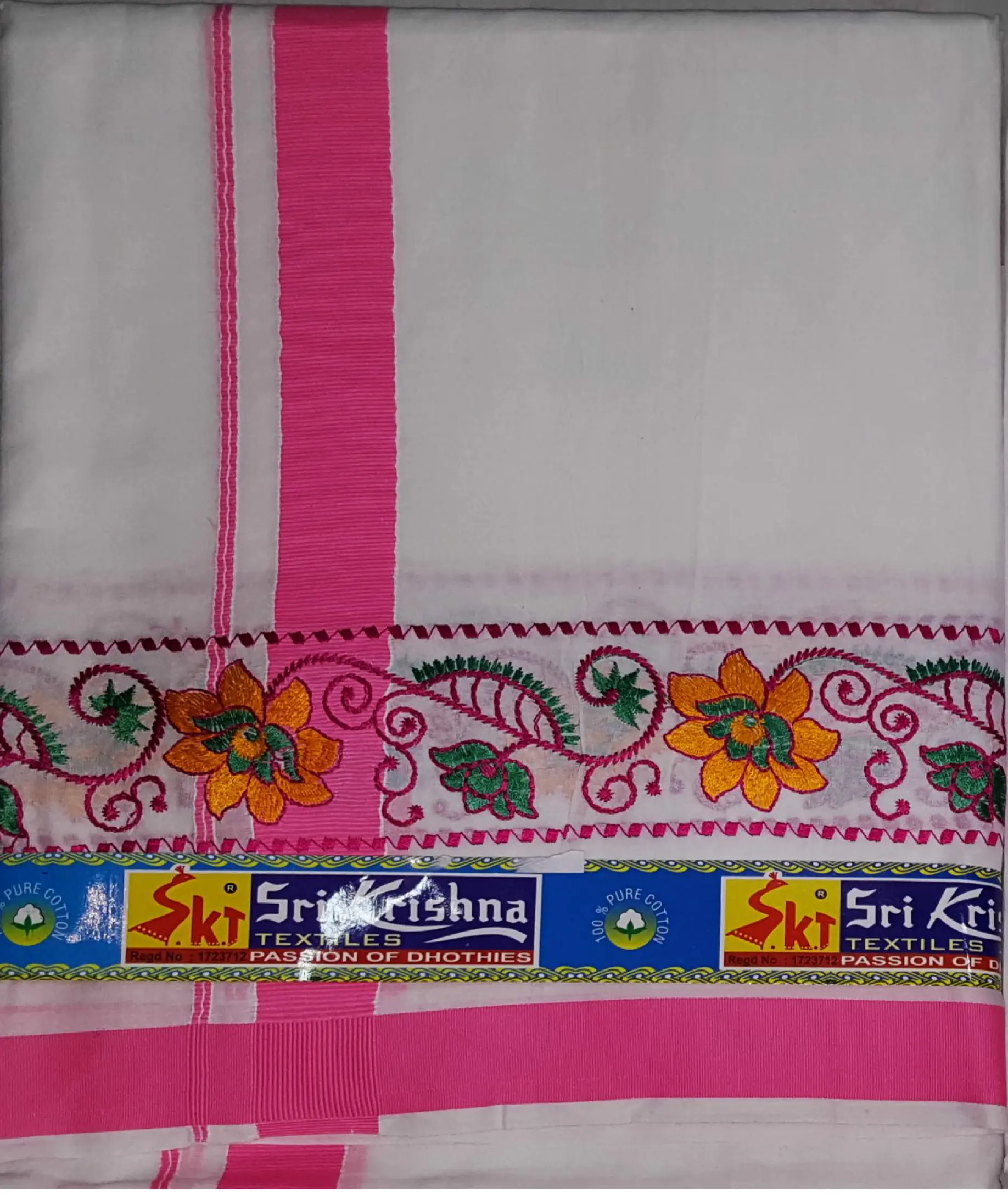 Dhoti / Chadar -- Colored Cotton, Ganga-Yamuna Embroidered Borders