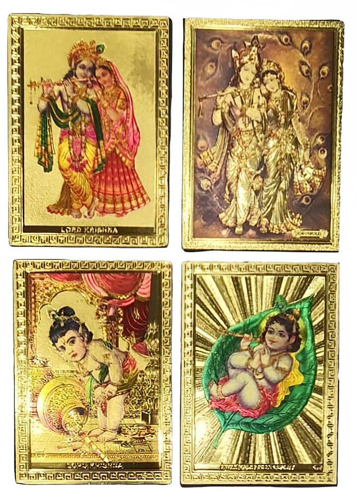 Golden Krishna Pictures with Magnet (set of 4, 3.5x2.5\")