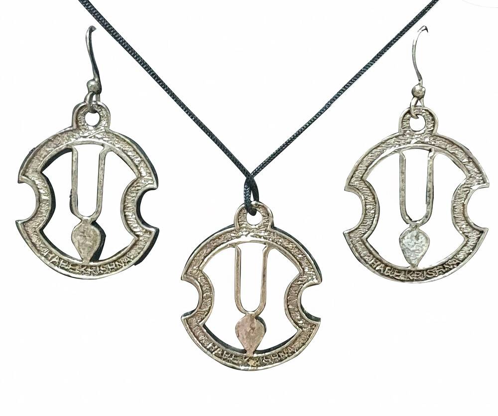 Sanskrit Krishna Leaf Set - Pair of Earrings & Matching Pendant with Black Thread