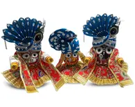 Multi Colored Dress, Blue & White Crowns -- For Jagannatha, Baladeva and Subhadra