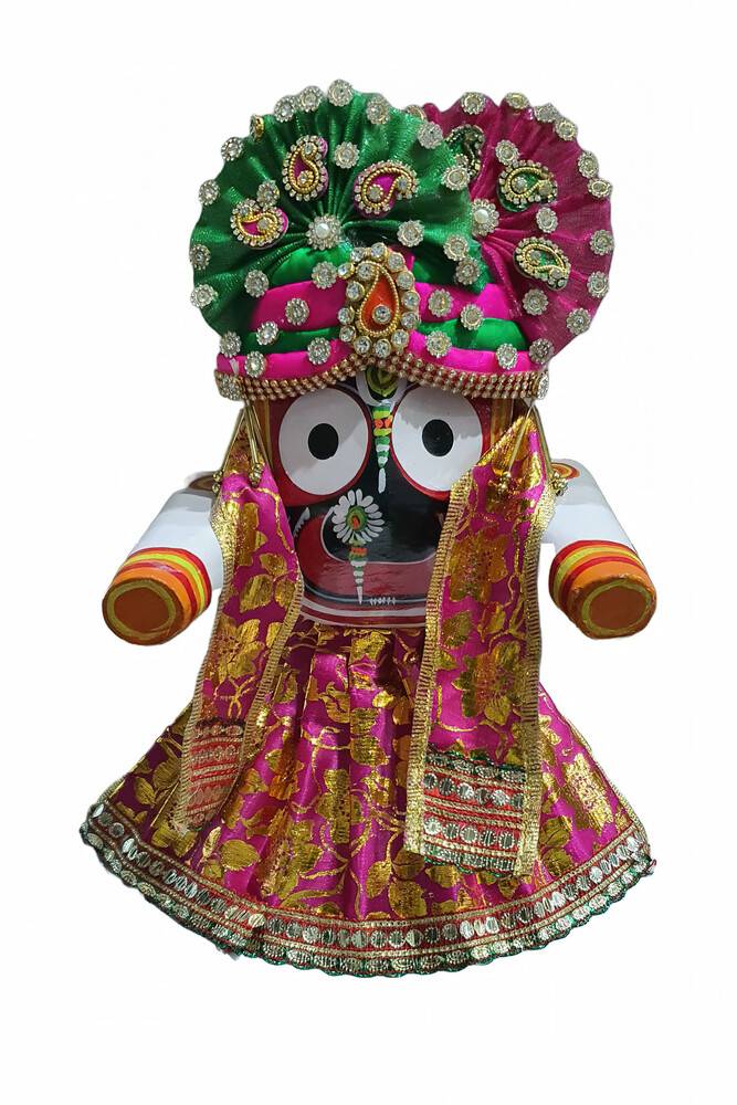 Jagannatha Crowns with Matching Dress - Yellow & Red Kerry, Flowers, Pearls & Diamonds (3 Crowns & Dresses)