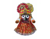 Jagannatha Crowns with Matching Dress - Yellow & Red Kerry, Flowers, Pearls & Diamonds (3 Crowns & Dresses)