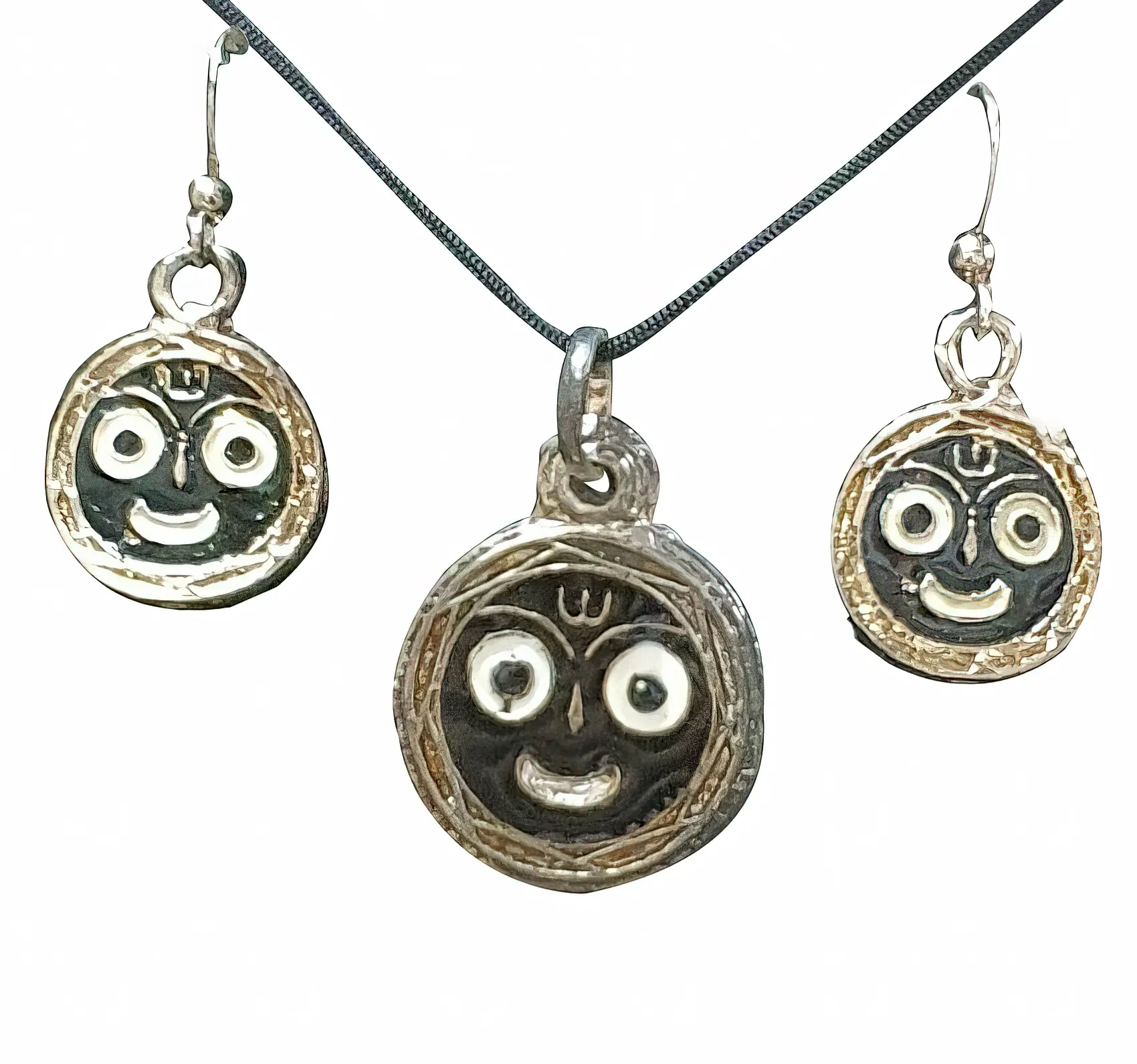 Krishna Playing Flute Set - Pair of Earrings & Matching Pendant with Black Thread