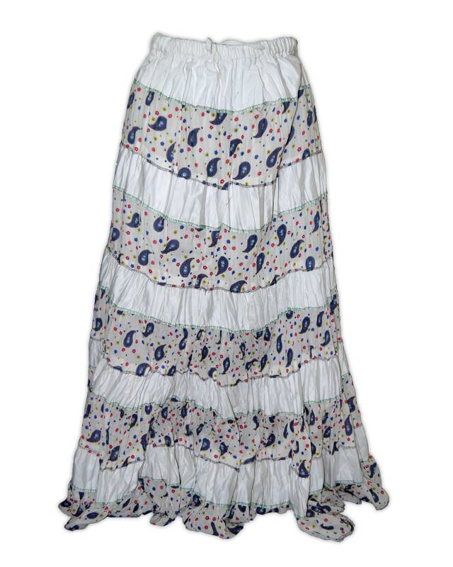 Gopi Skirt -- Jaipuri Panels, White w/ Multicolored Patterns