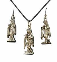 Krishna Playing Flute Set - Pair of Earrings & Matching Pendant with Black Thread