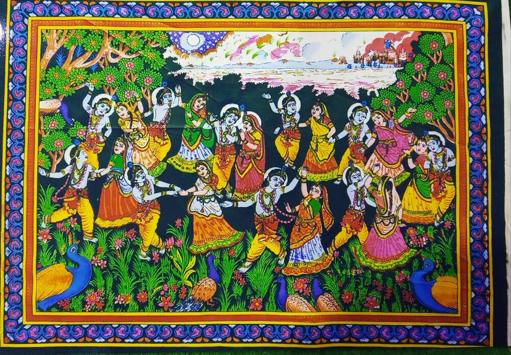 Wall Hanging -- Krishna\'s Rasa-Lila Dance with Radharani and Gopis (30\"x40\")