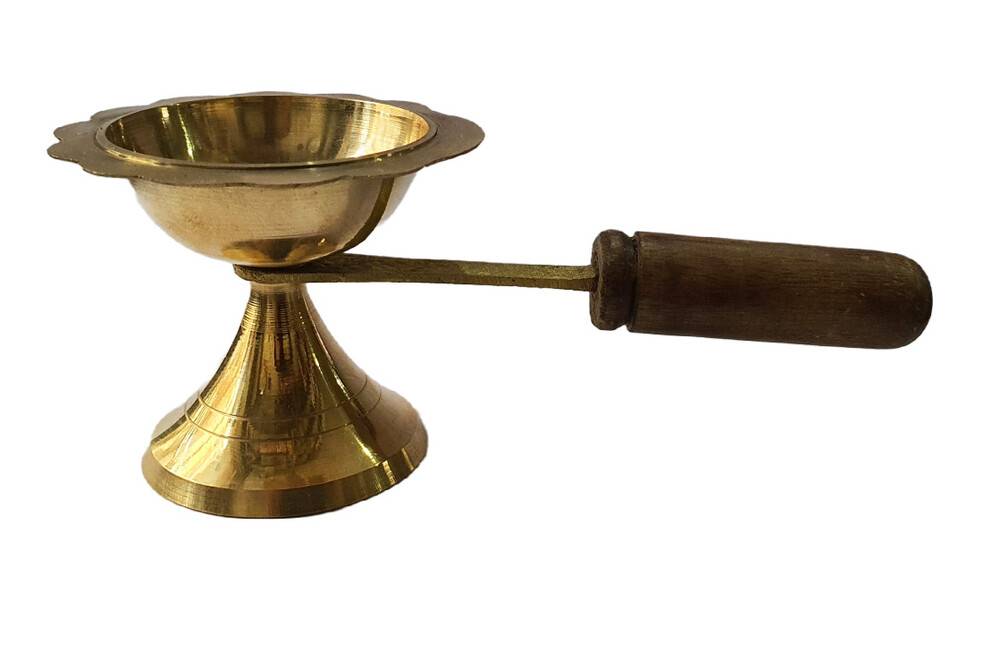 Multipurpose Arati Lamp Stand -- Brass with Wooden Handle