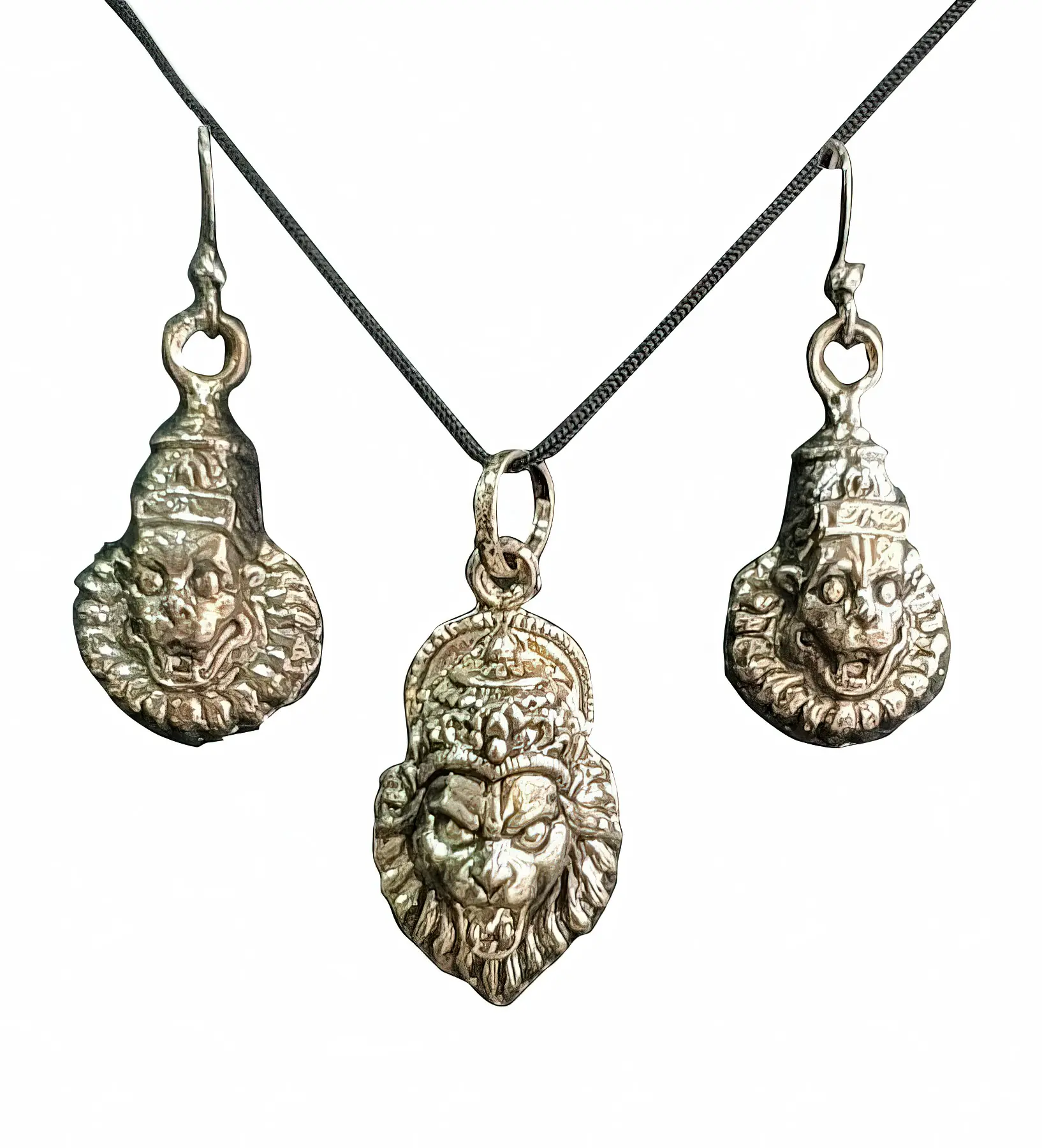 Krishna Playing Flute Set - Pair of Earrings & Matching Pendant with Black Thread
