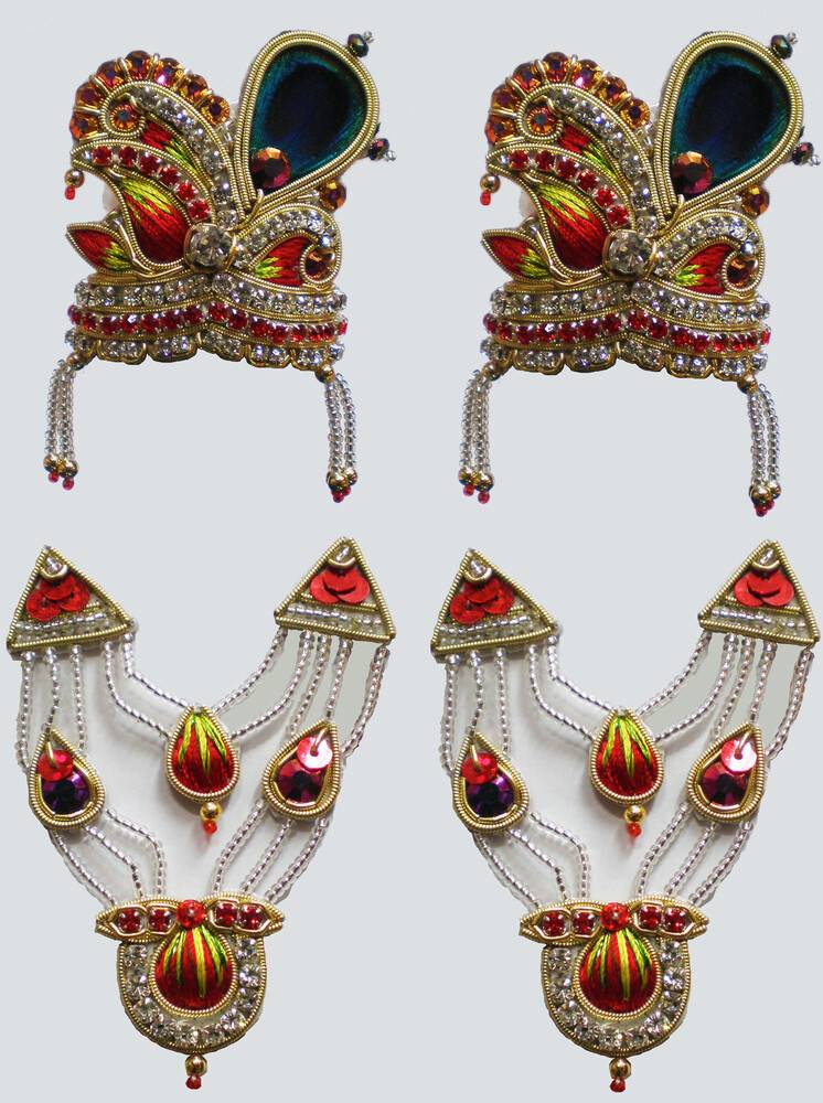 Crown and Necklace Set -- with Thread Work & Peacock Feather (pair)