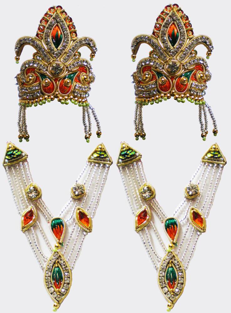 Crown and Necklace Set -- with green & red Thread Work & diamond / gold look (pair)
