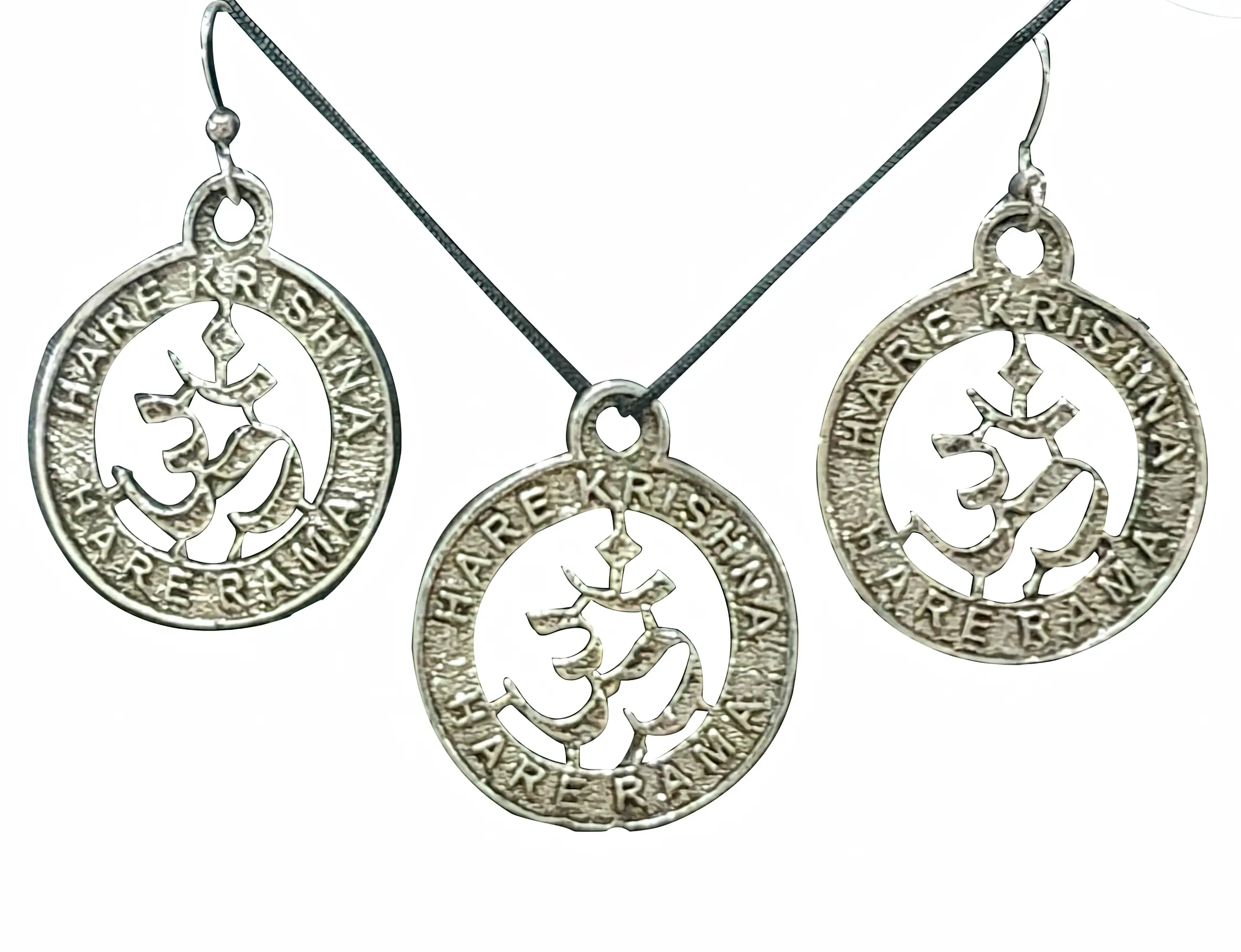 Krishna Playing Flute Set - Pair of Earrings & Matching Pendant with Black Thread