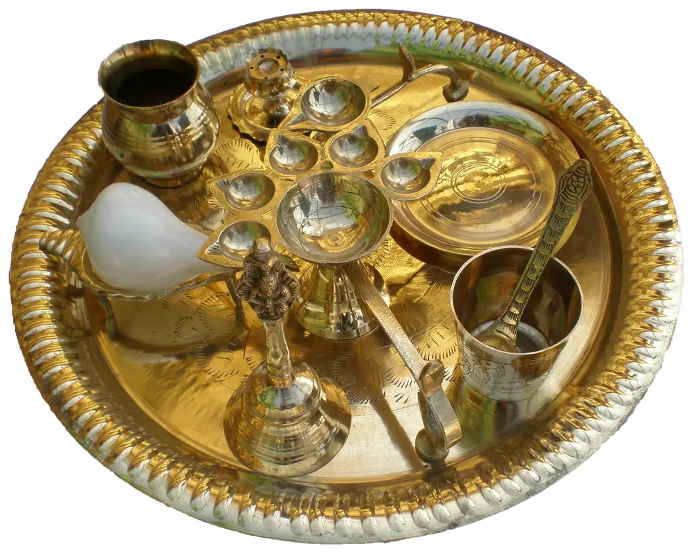 Small Aroti Set (8-9\" tray with Bell, Incense Holder, Flower Tray, Conch, Ghee Lamp)