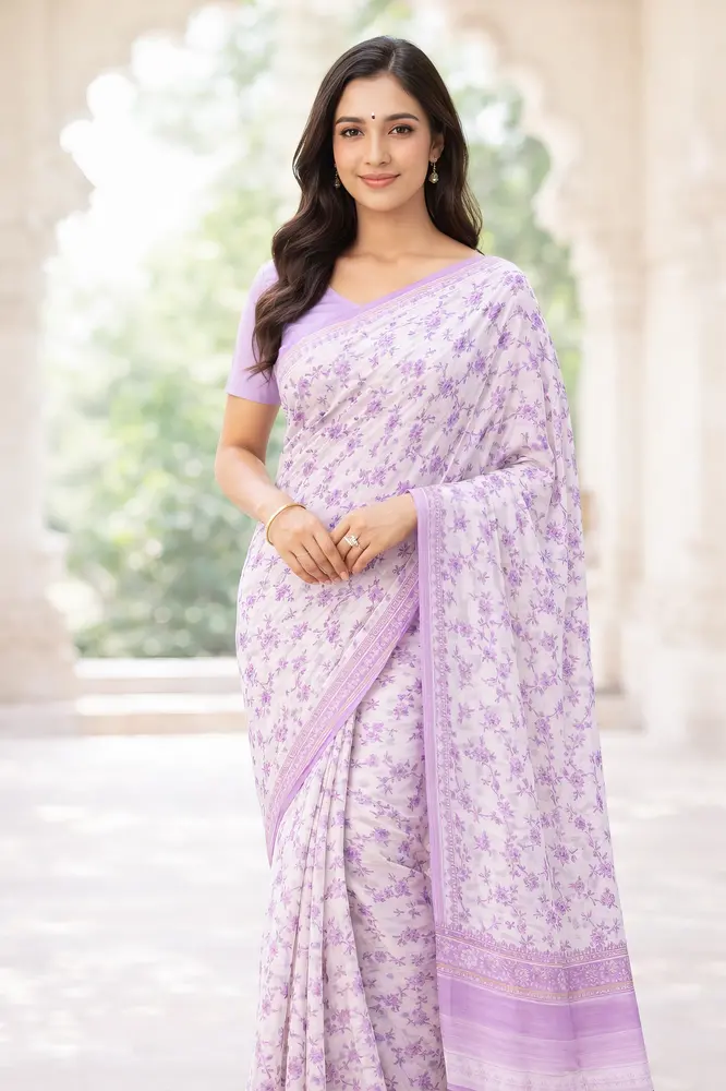 Sari, Cotton Printed -- Plain White Sari with Color Pattern Borders