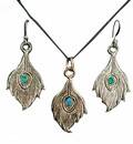 Peacock Feather Set - Pair of Earrings & Matching Pendant with Black Thread