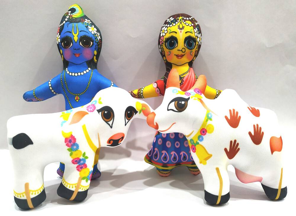 Radha Krishna with Cow and Calf Dolls -- Childrens Stuffed Toy